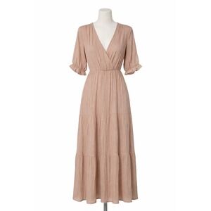 Bella Ella Tan Tiered Maxi Dress Surplice V-Neck Short Sleeve XL